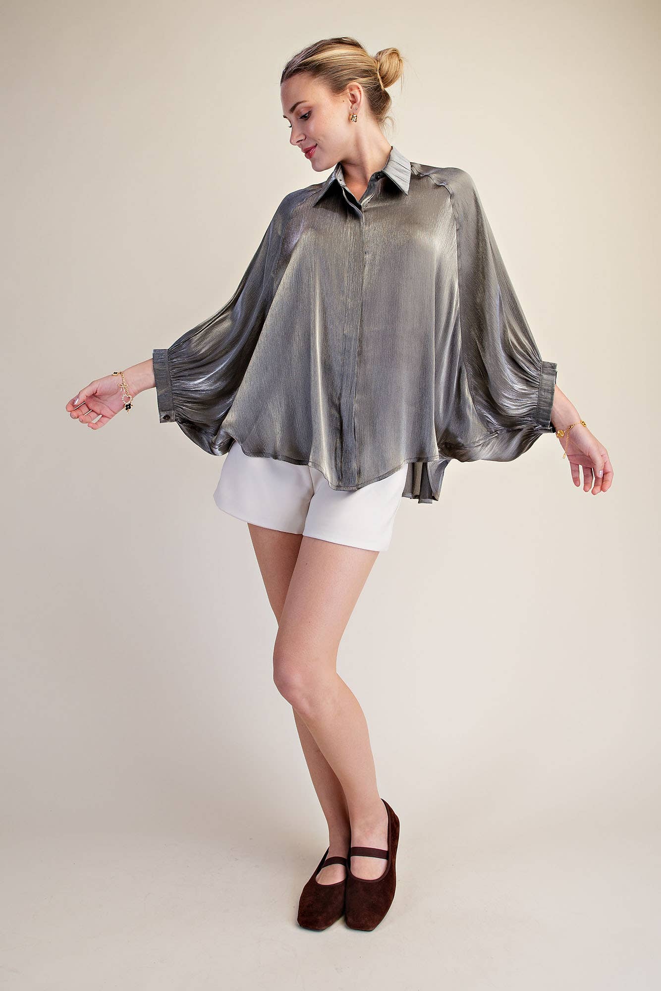 Metallic Oversized Button Down Long Sleeve Shirt Blouse