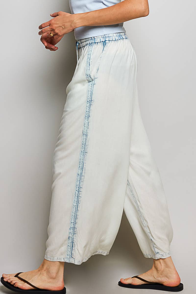Vintage Washed Embroidered Trim Tassel Wide Leg Pants