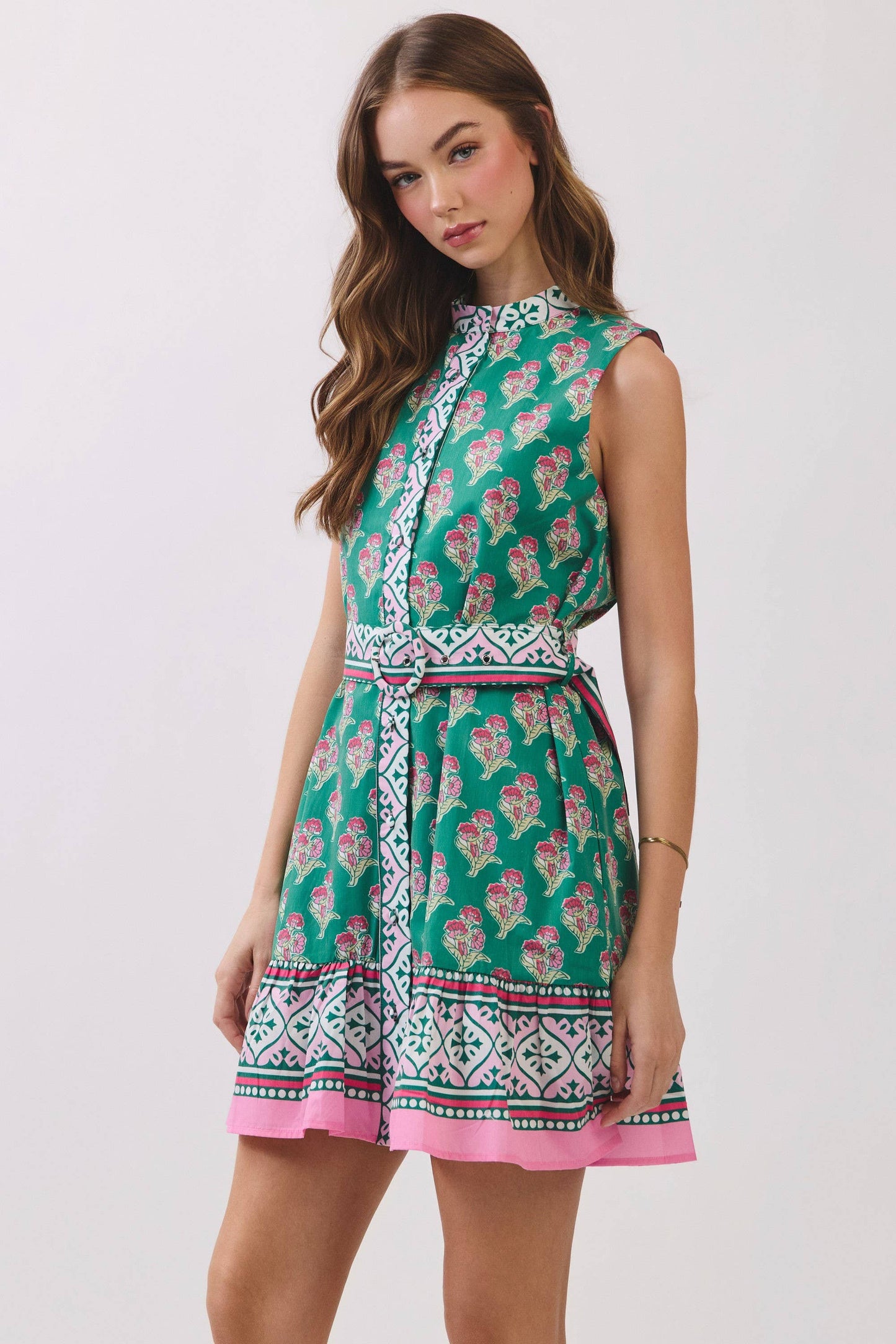 CD07193-Floral Border Print Belted Mini Dress