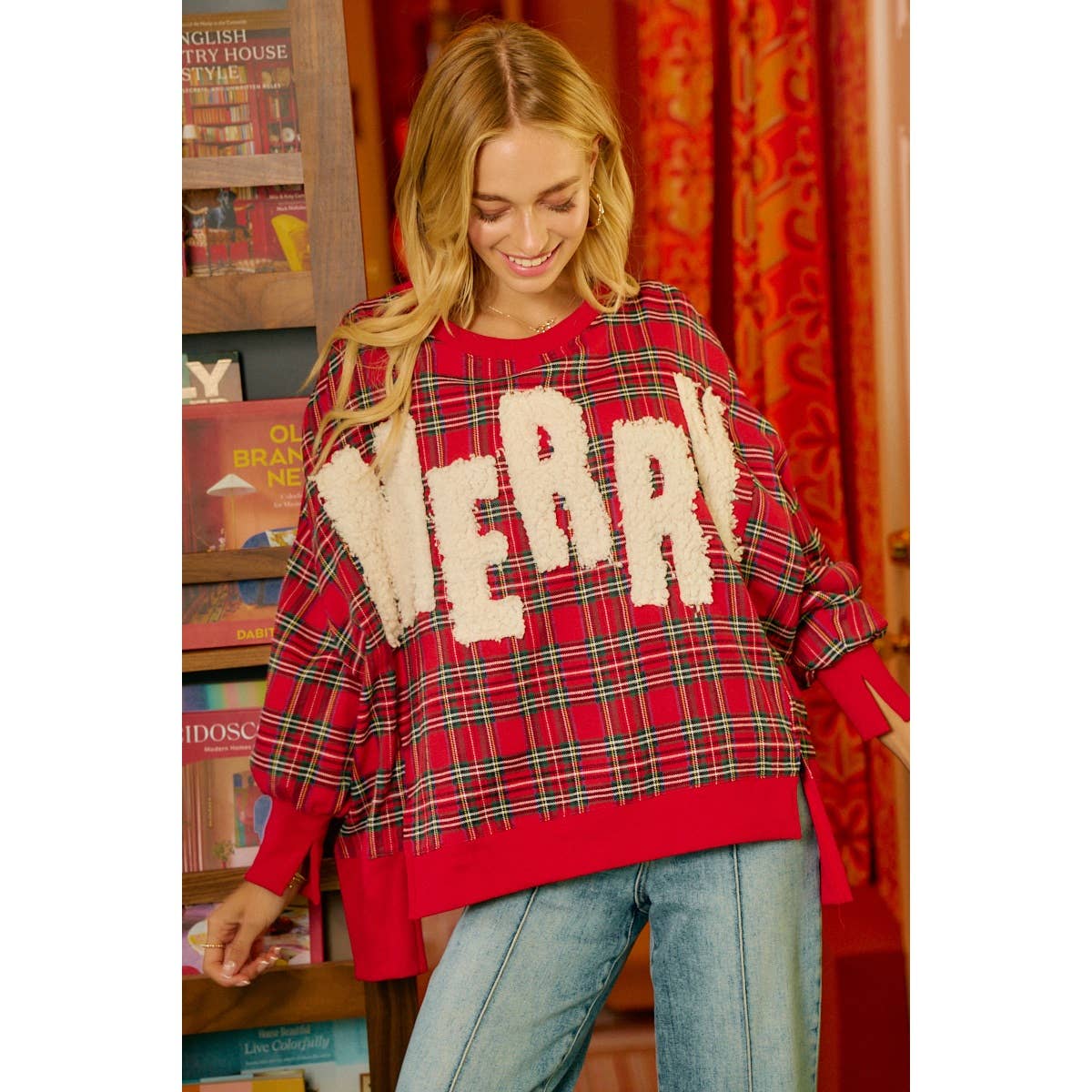 MERRY LETTER PATCHES CHRISTMAS PLAID SWEATSHIRT