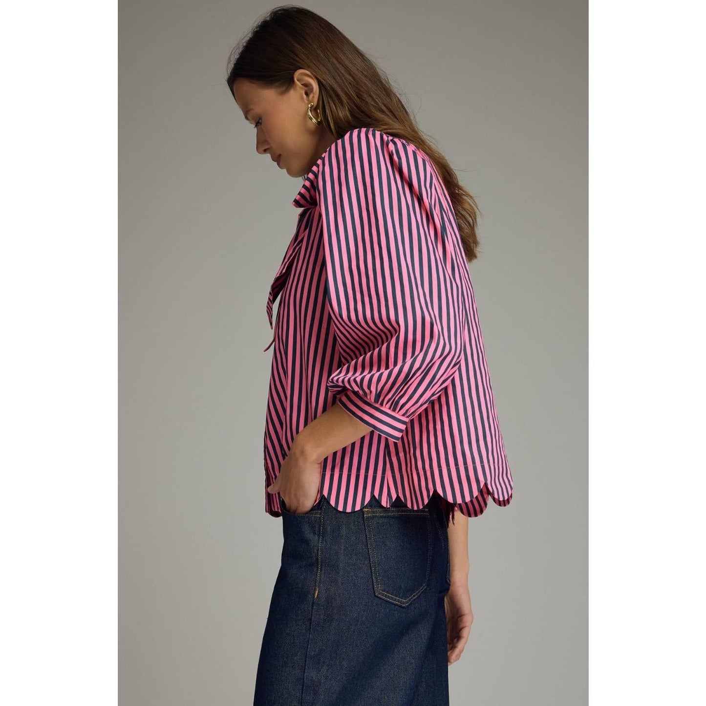 NEW Stripe self-tie neck 3/4 puff sleeve top