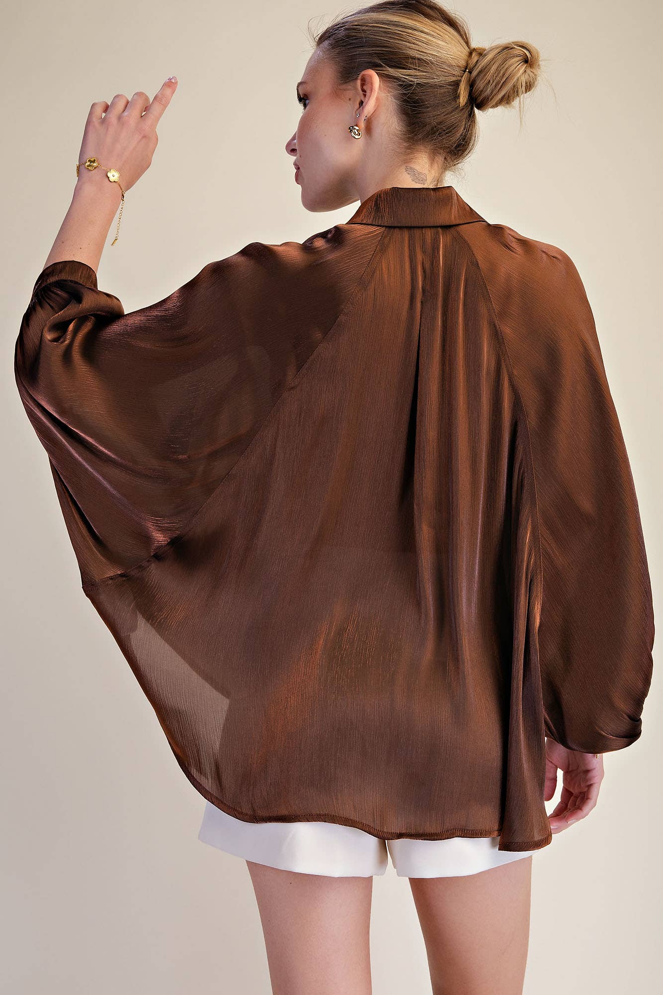 Metallic Oversized Button Down Long Sleeve Shirt Blouse