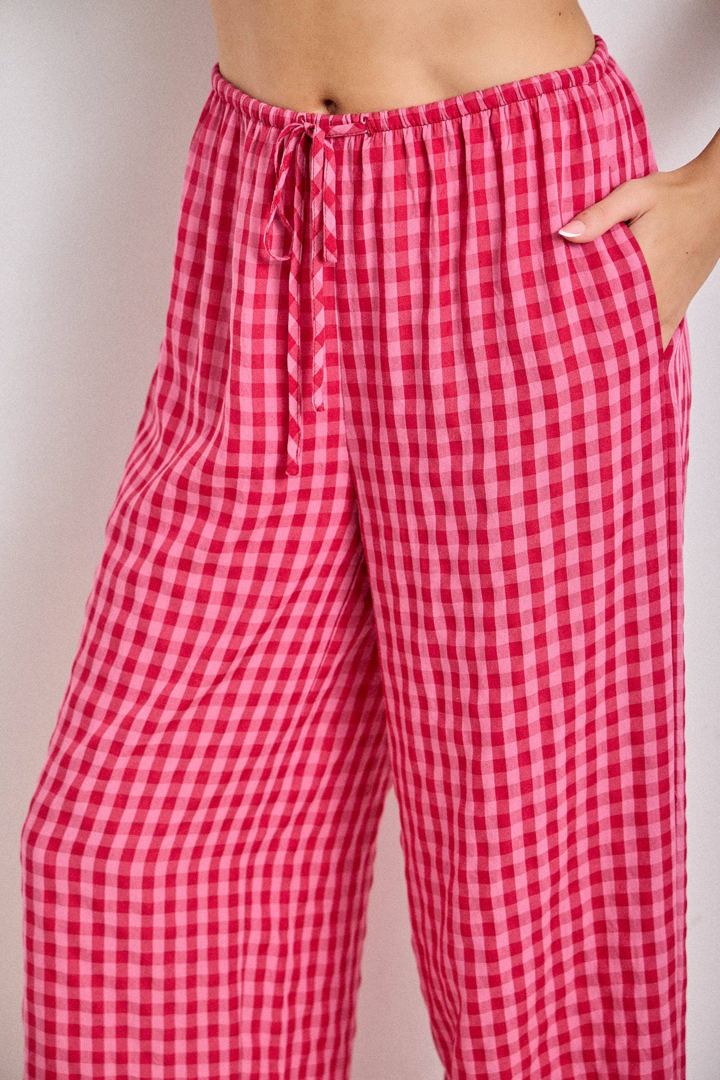 GINGHAM PRINT DRAWSTRING PANTS