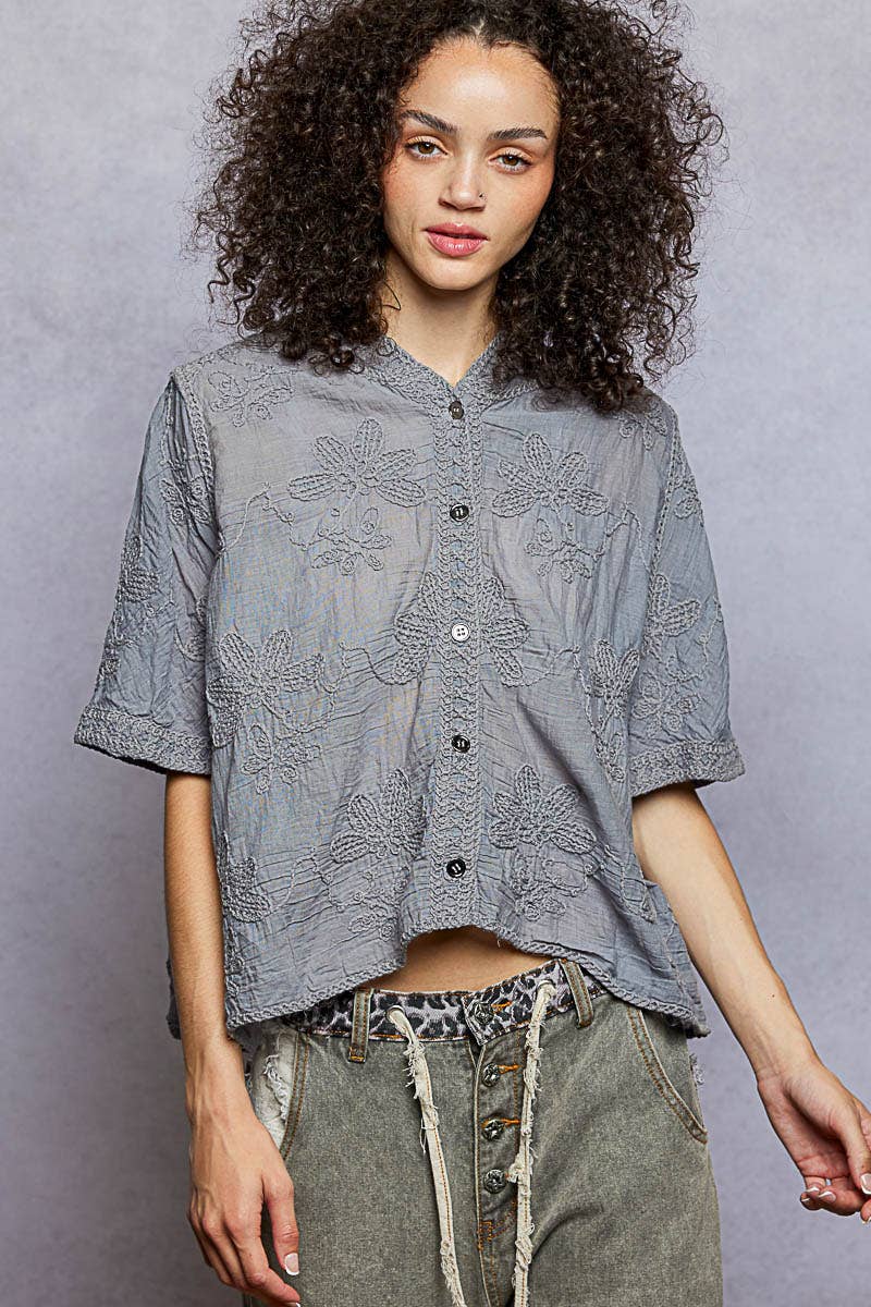 Short Sleeve Border Floral Embroidery Crochet Top