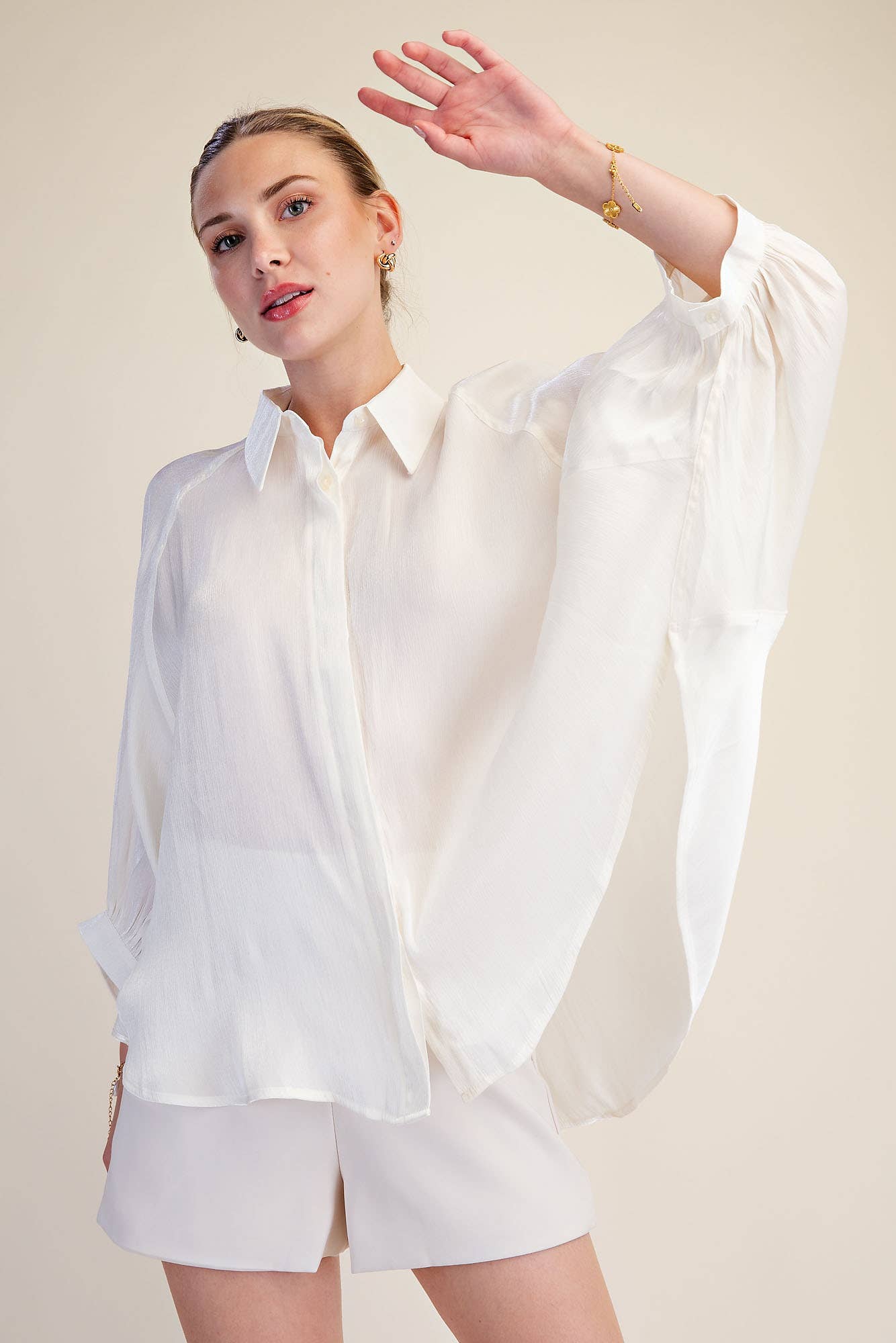 Metallic Oversized Button Down Long Sleeve Shirt Blouse