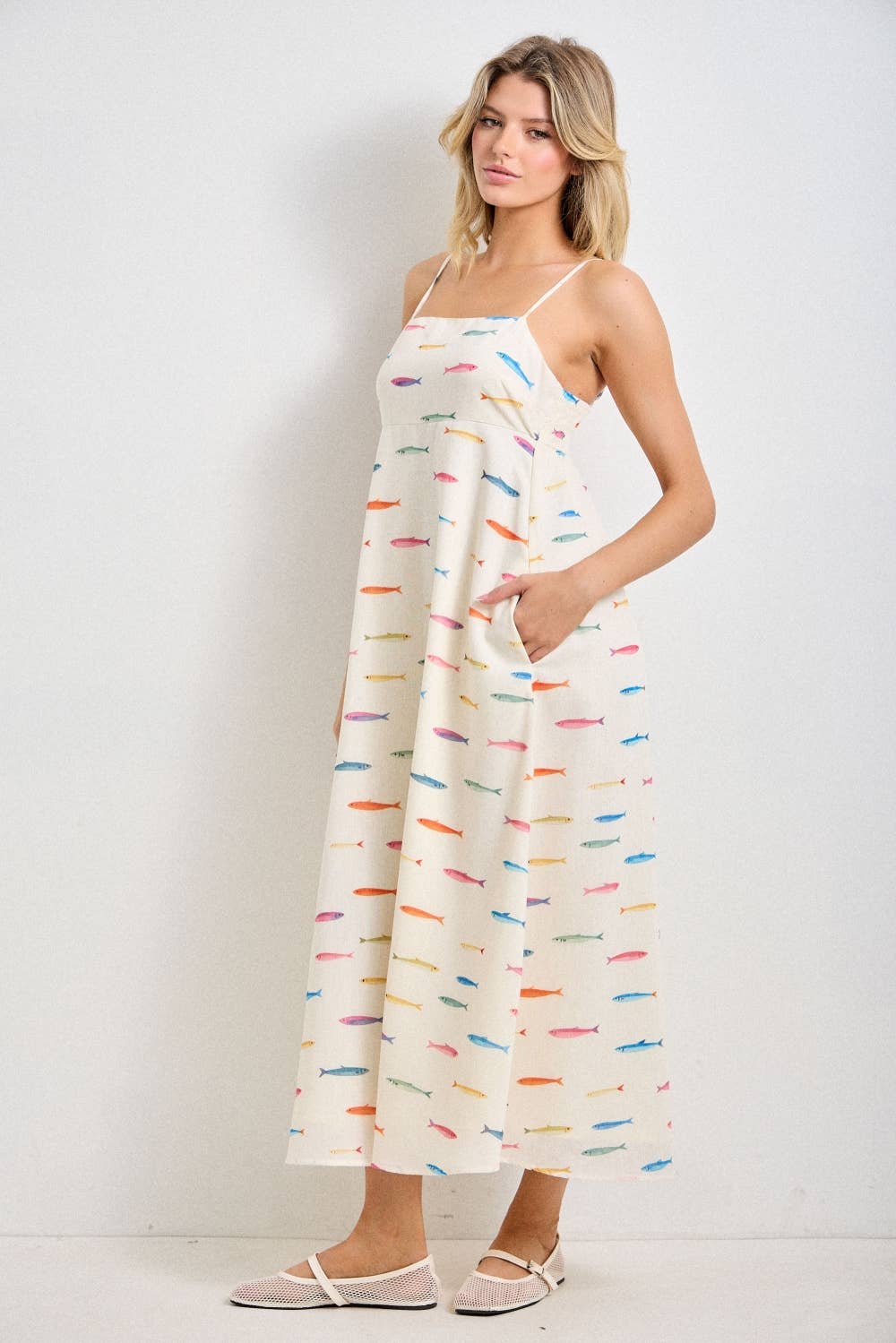 FISH PRINT SLEEVELESS MIDI DRESS