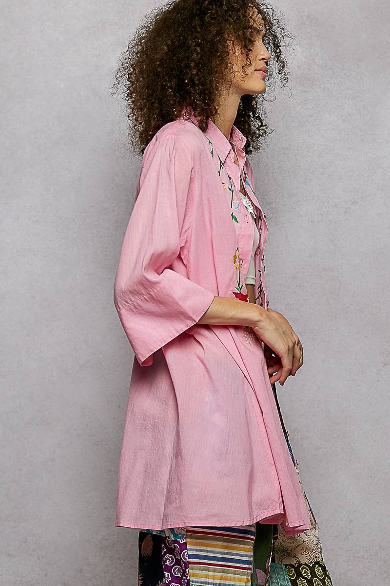 1/2 Sleeve Collared Embroidered Cotton Shirt Woven Top