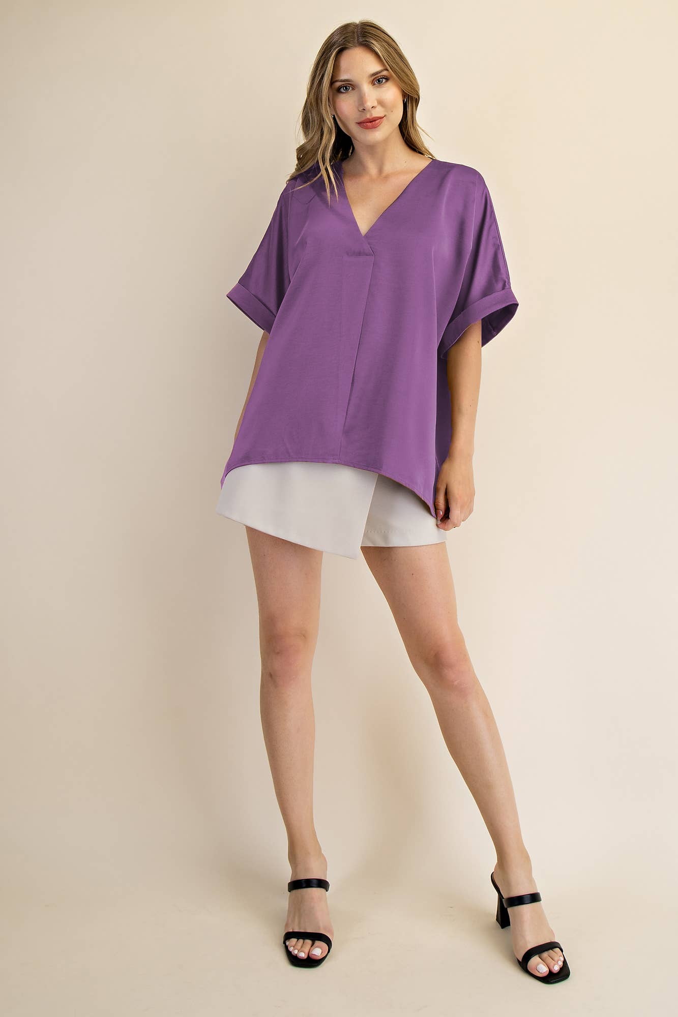 Pull Over Satin Blouse V-neck High Low
