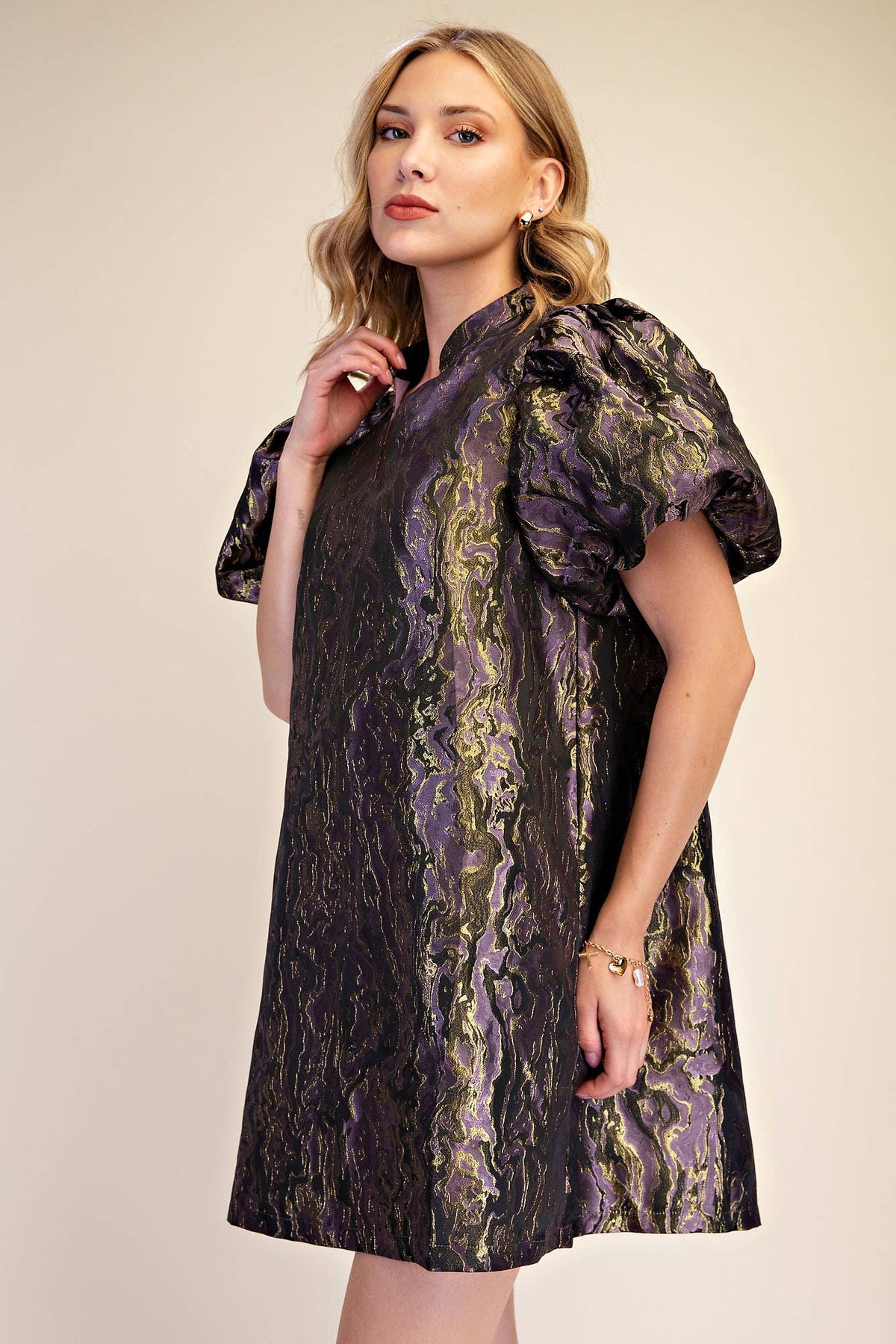 Metallic Jacquard Puff Sleeve Mini Holiday Dress