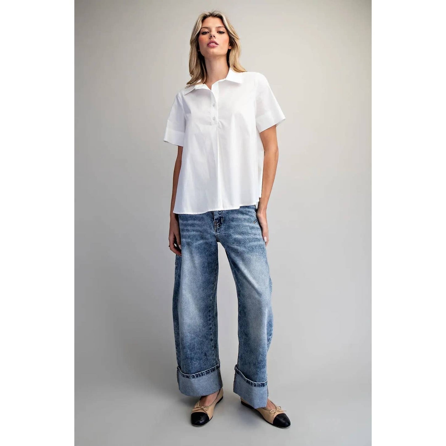 NEW Solid Collared Short Sleeve Blouse