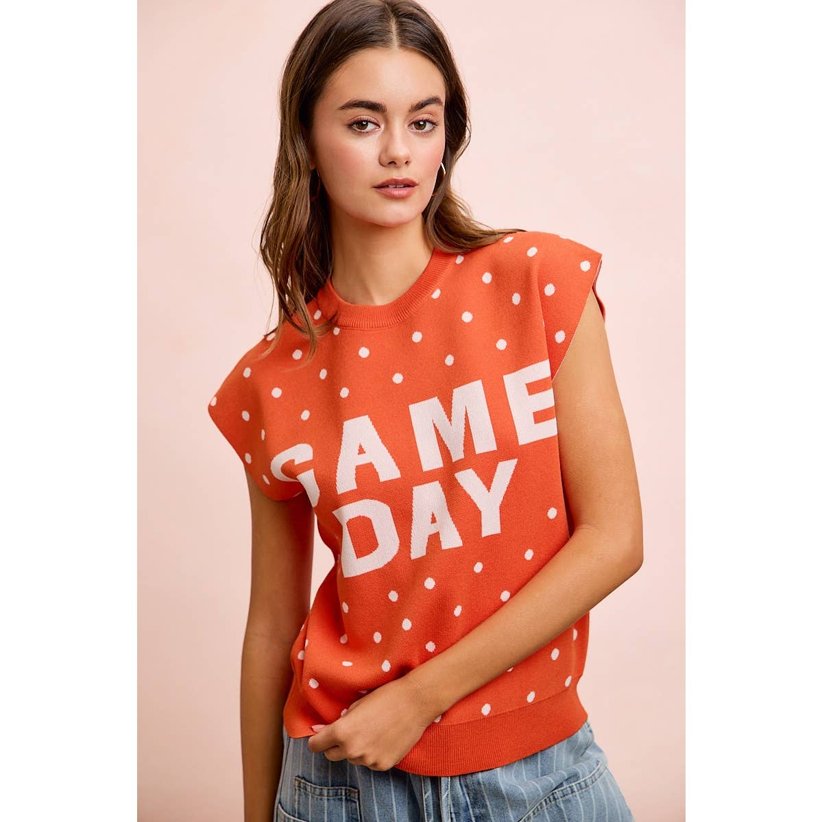 GAMEDAY LETTER AND POLKA DOTS SLEEVELESS KNIT TOP