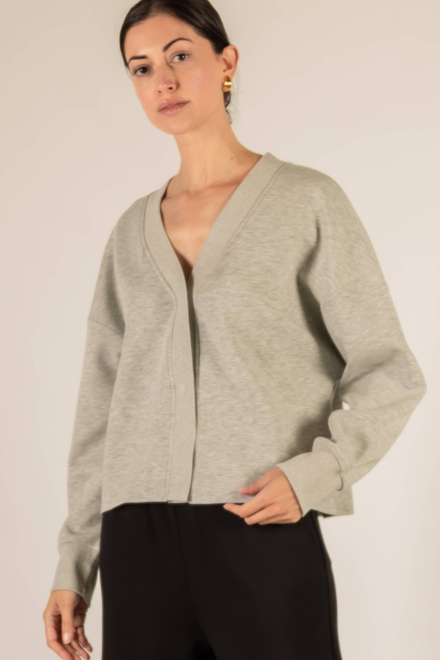 P. CILL Butter Modal Rib Contrast Oversized Cropped Cardigan