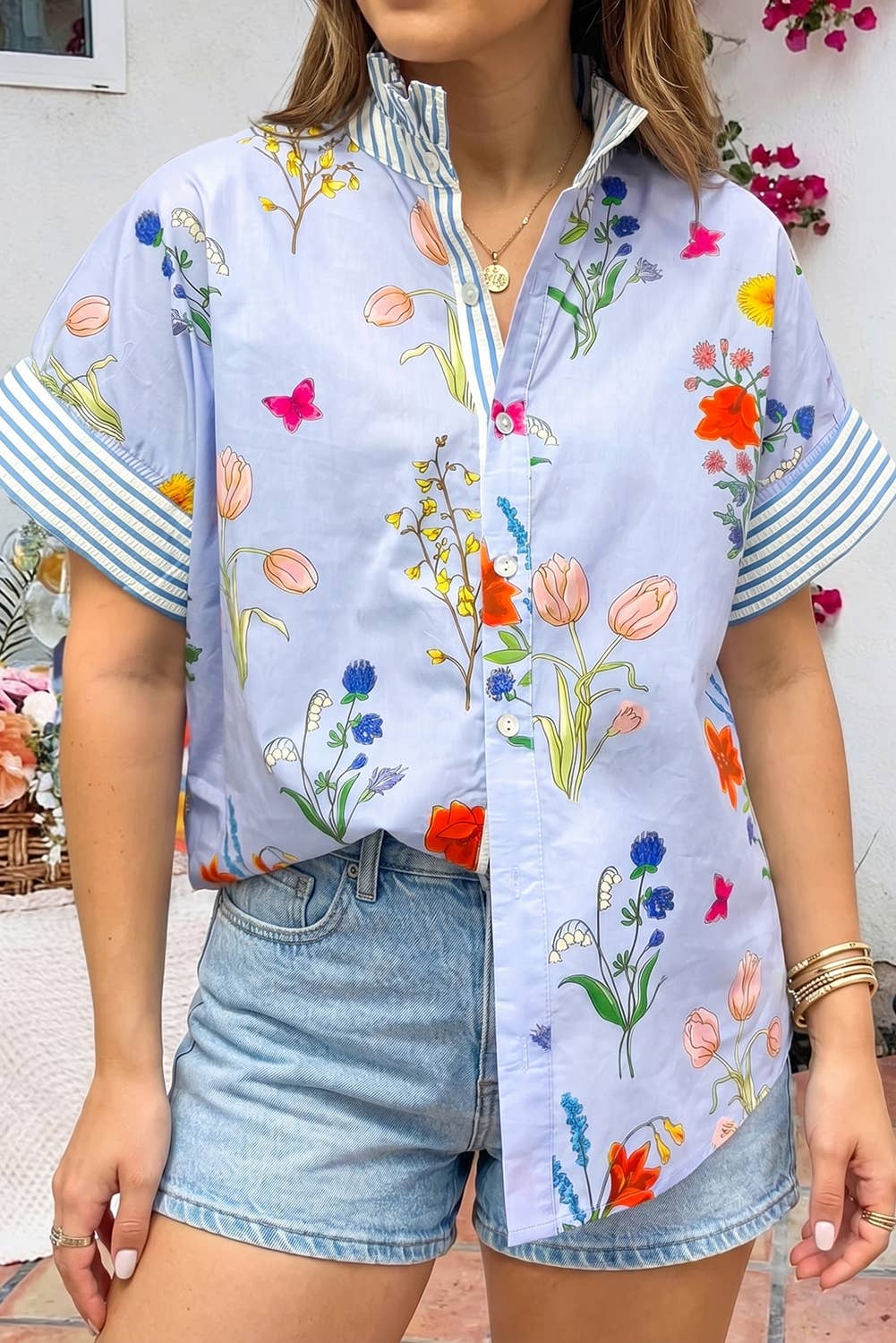 Floral Striped Patchwork Ruffled Collar Short Sleeve Shirt