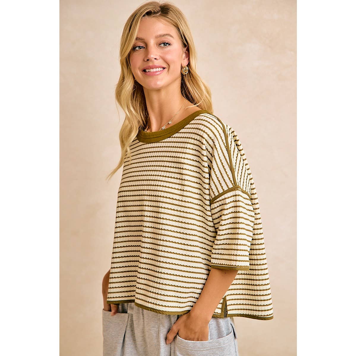 WAFFLE STRIPE WITH BINDING DETAIL RELAXED FIT TOP