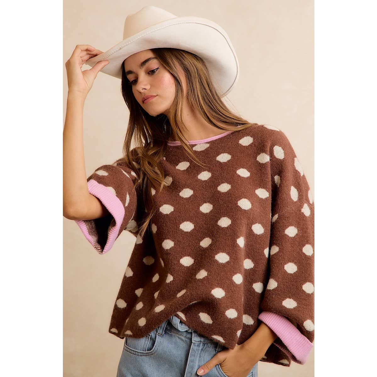 CONTRAST NECK AND ROLL UP DETAIL POLKA DOT SWEATER