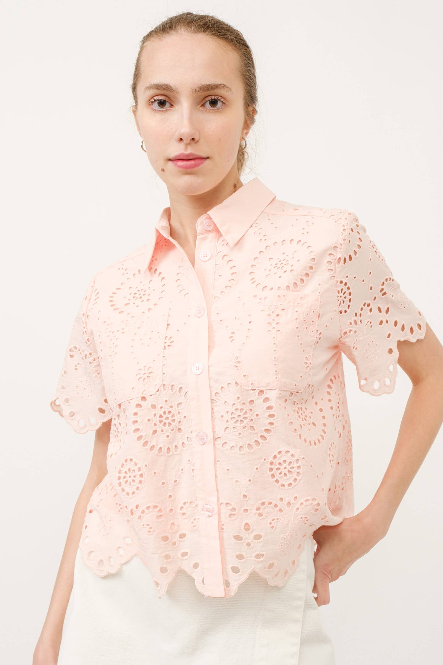 MAT2738 SCALLOP EGDE LACE BUTTON DOWN SHIRTS