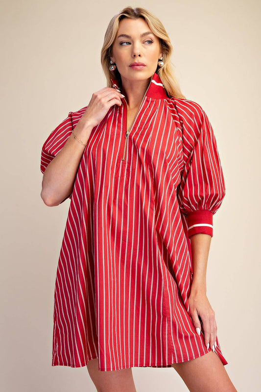 Mock Neck Band Half Zip Stripe Mini Dress