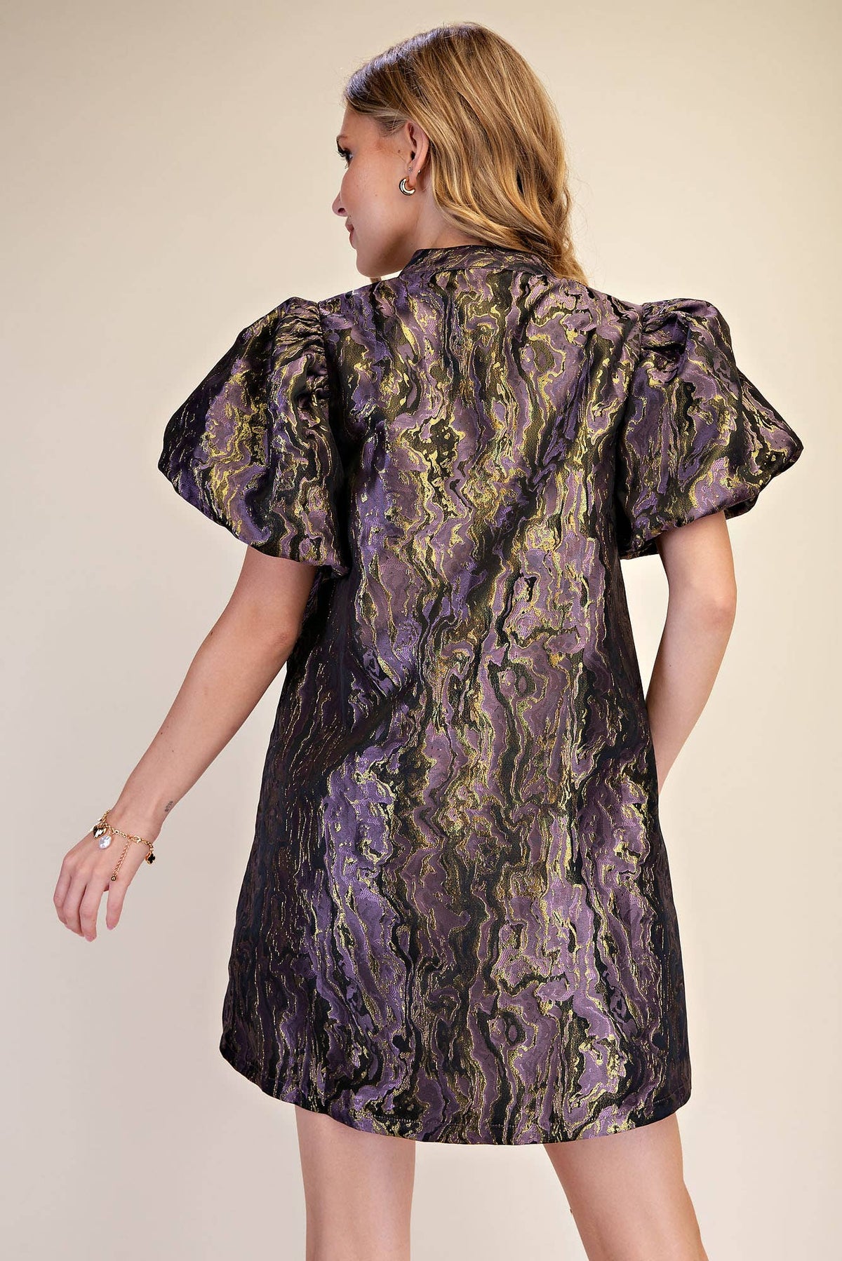Metallic Jacquard Puff Sleeve Mini Holiday Dress