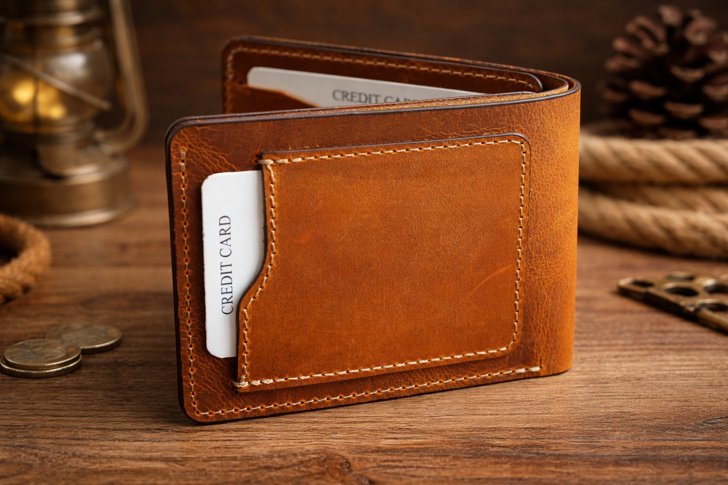Men’s Full-Grain Crazy Leather Bifold Wallet Premium Leather