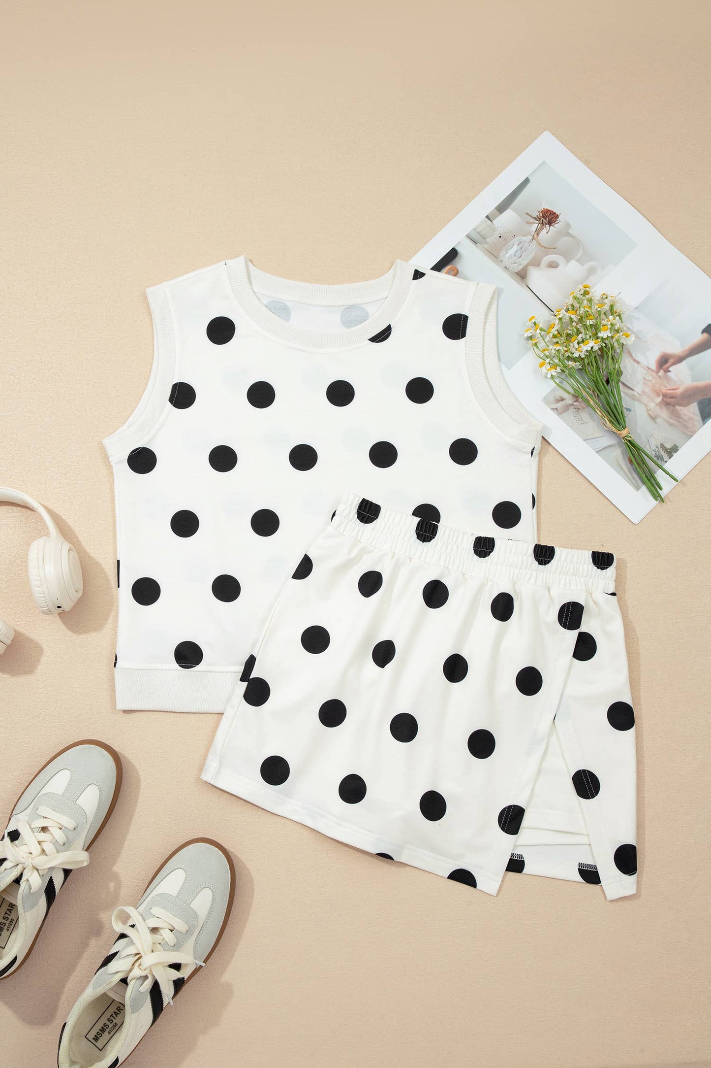 LAS Ribbed Trim Polka Dot Tank Split Mini Skort Set(S-4X)