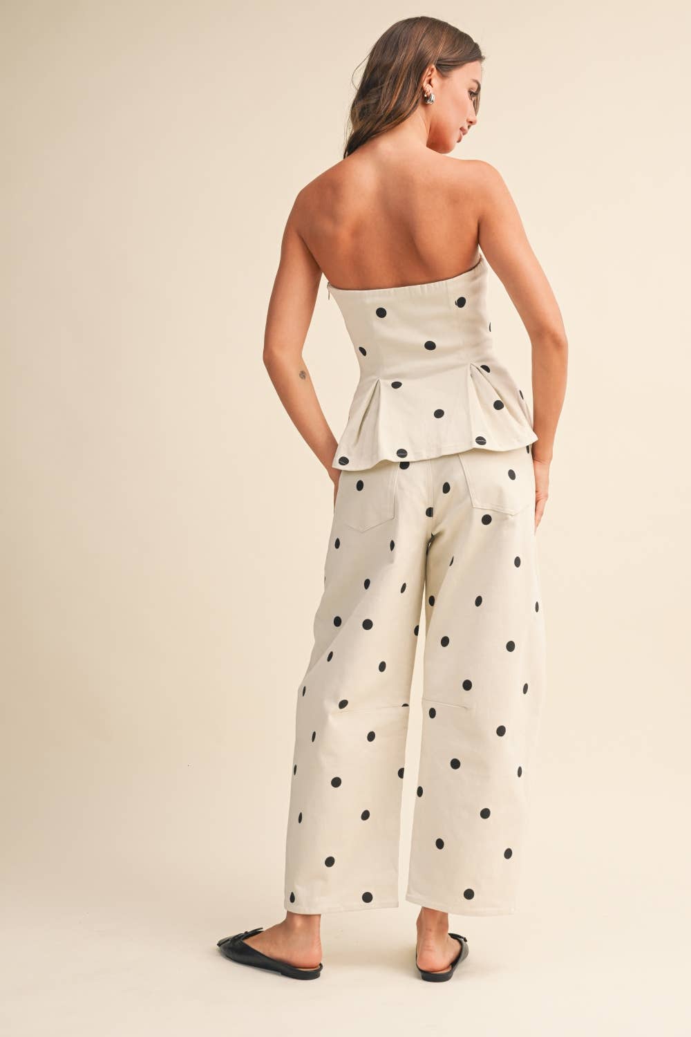 IST6128-B POLKADOT STRAPLESS PEPLUM TOP AND BARREL PANTS SET
