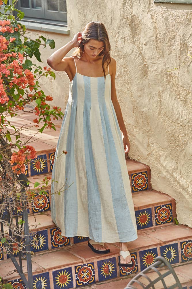 L7390 | Cotton Gauze Striped Cami Pintuck Midi Dress