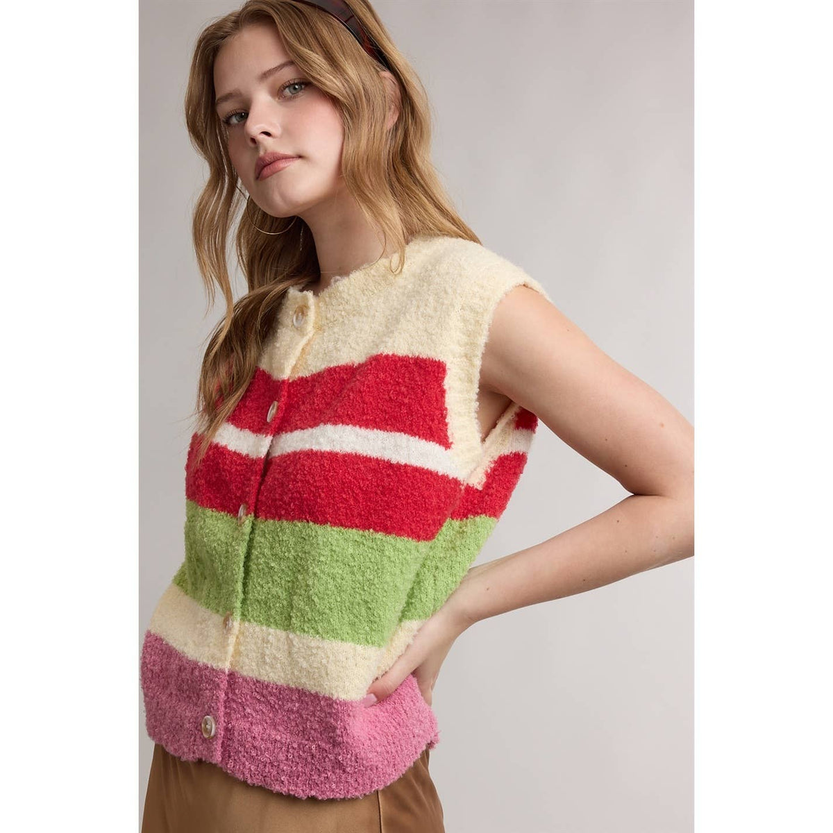 STRIPED MULTI COLOR FUZZY SWEATER VEST / WL26-13898