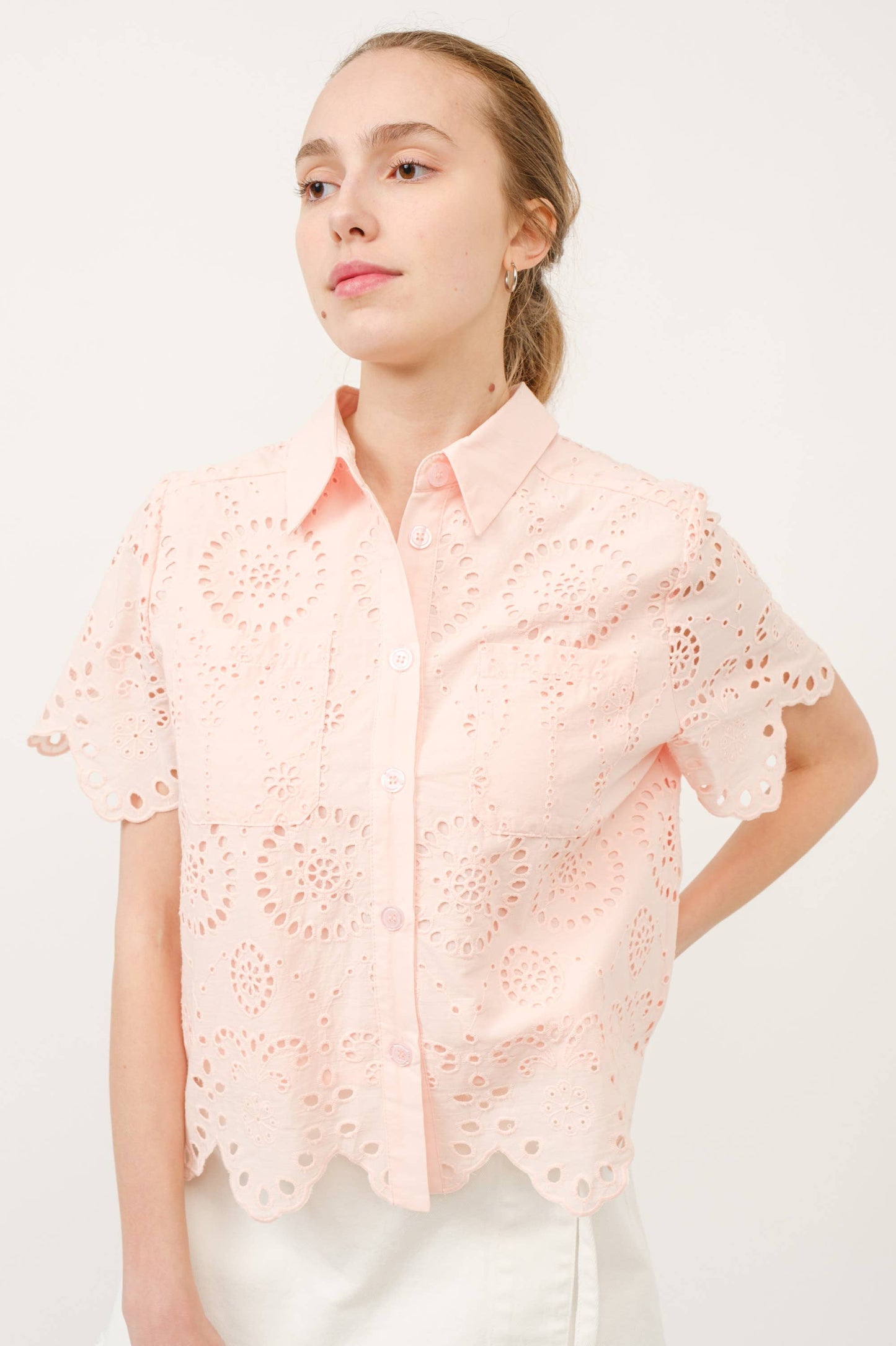 MAT2738 SCALLOP EGDE LACE BUTTON DOWN SHIRTS