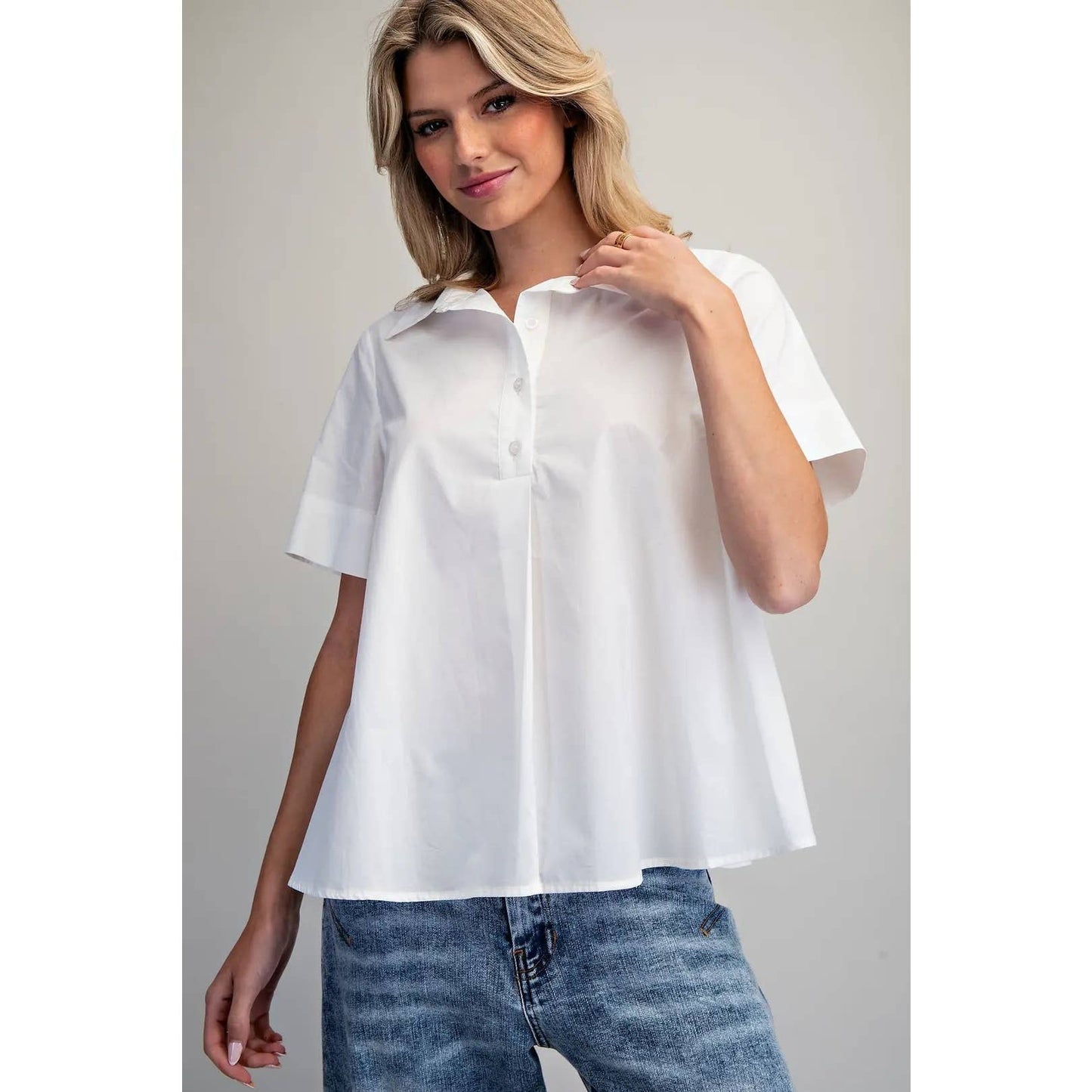 NEW Solid Collared Short Sleeve Blouse