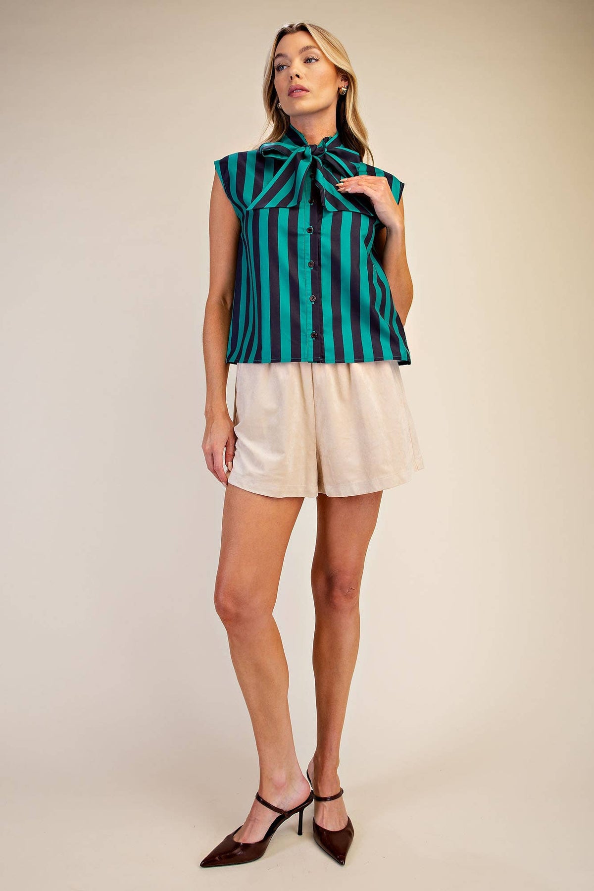 Bow Neck Sleeveless Stripe Shirt