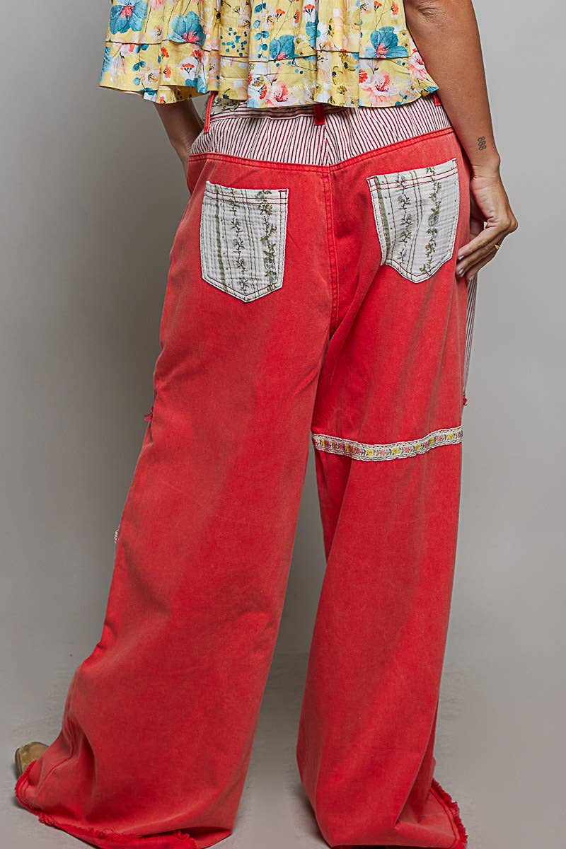 Stripe Patch High Rise Wide Leg Twill Pants