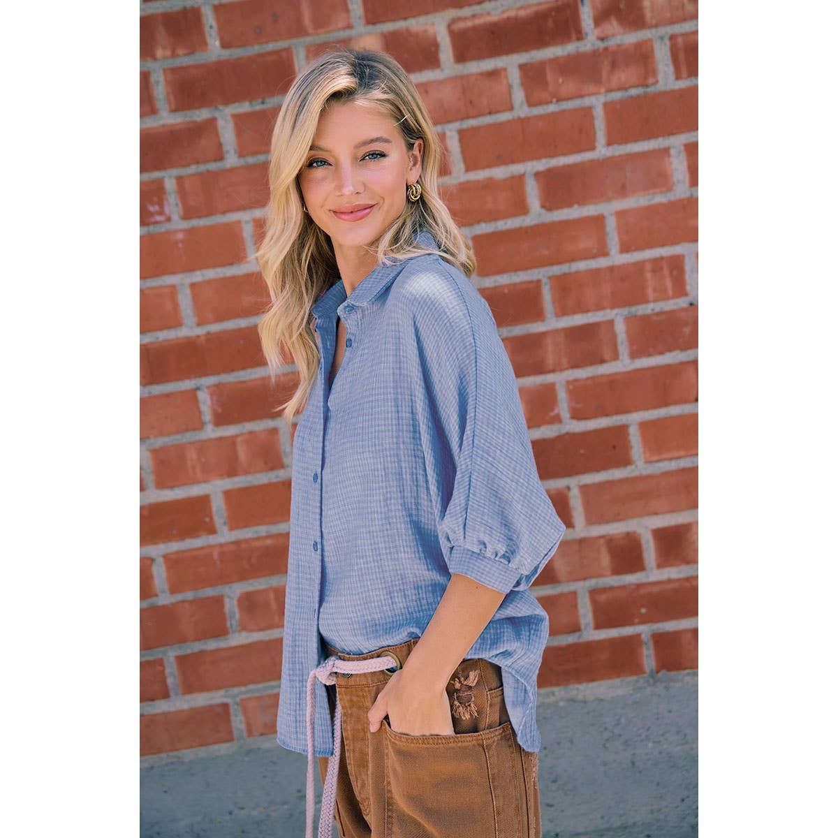 DENIM BLUE GAUZE OVERSIZED BUTTON DOWN SHIRT