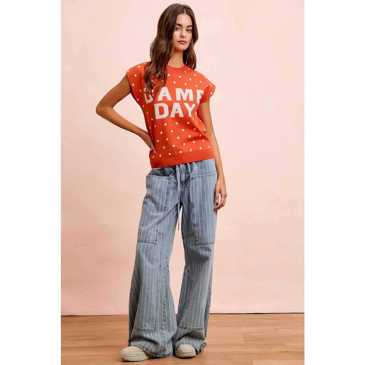 GAMEDAY LETTER AND POLKA DOTS SLEEVELESS KNIT TOP