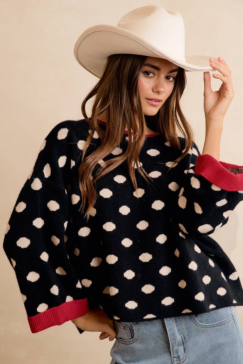 CONTRAST NECK AND ROLL UP DETAIL POLKA DOT SWEATER