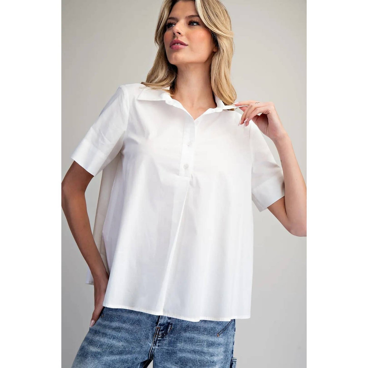 NEW Solid Collared Short Sleeve Blouse