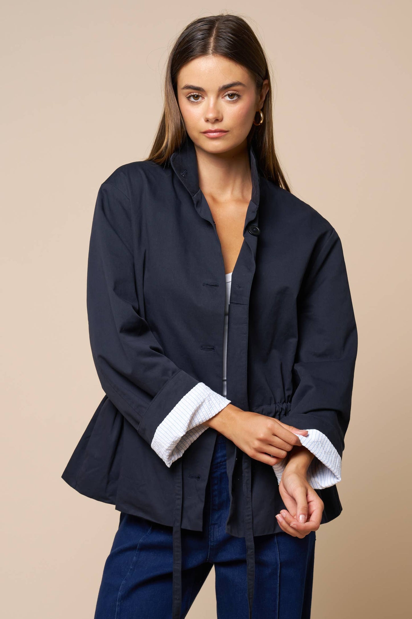 Drawstring Waist Button Down Jacket