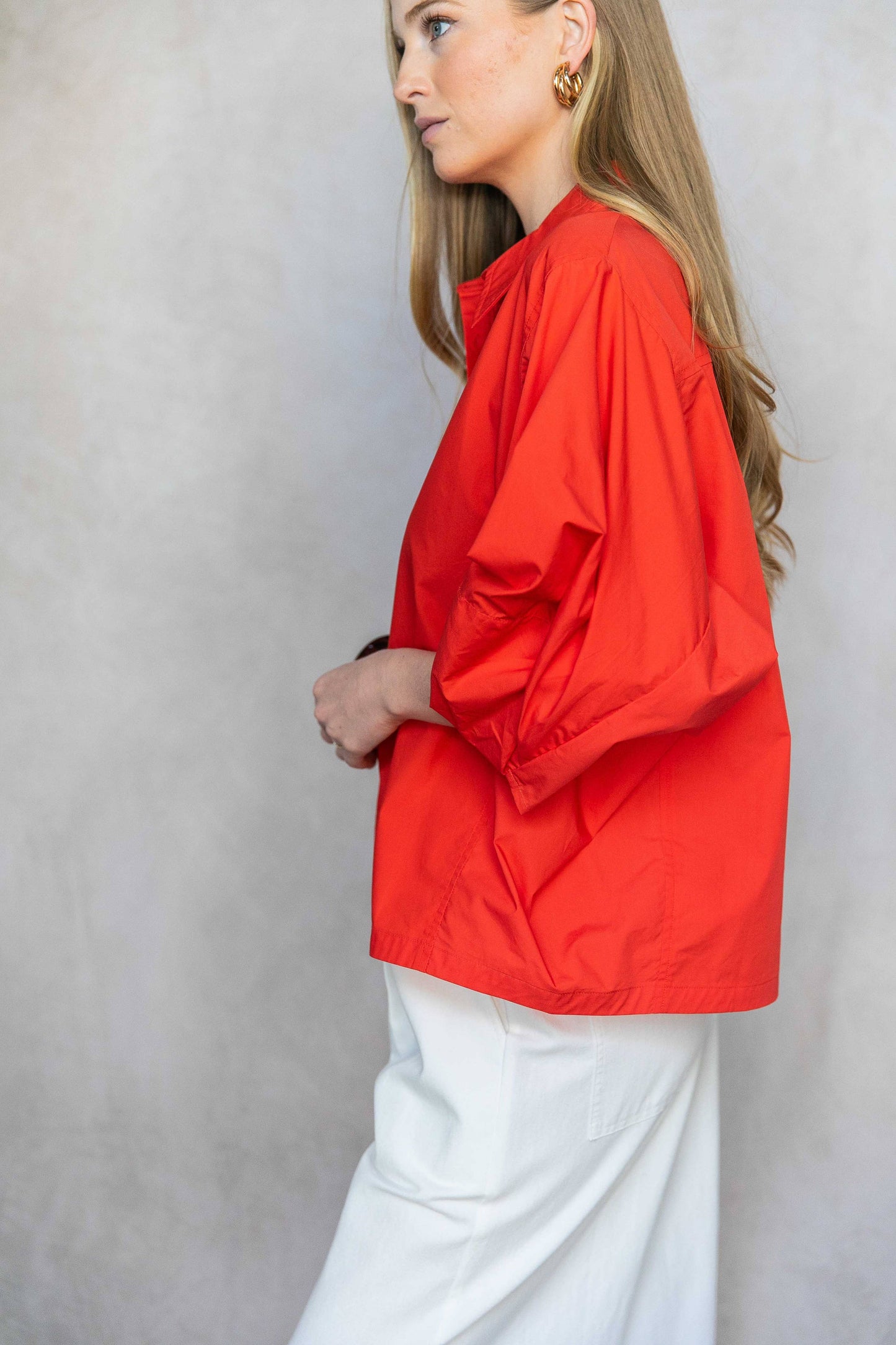 Poplin Bishop Sleeve Button Up Shirt
