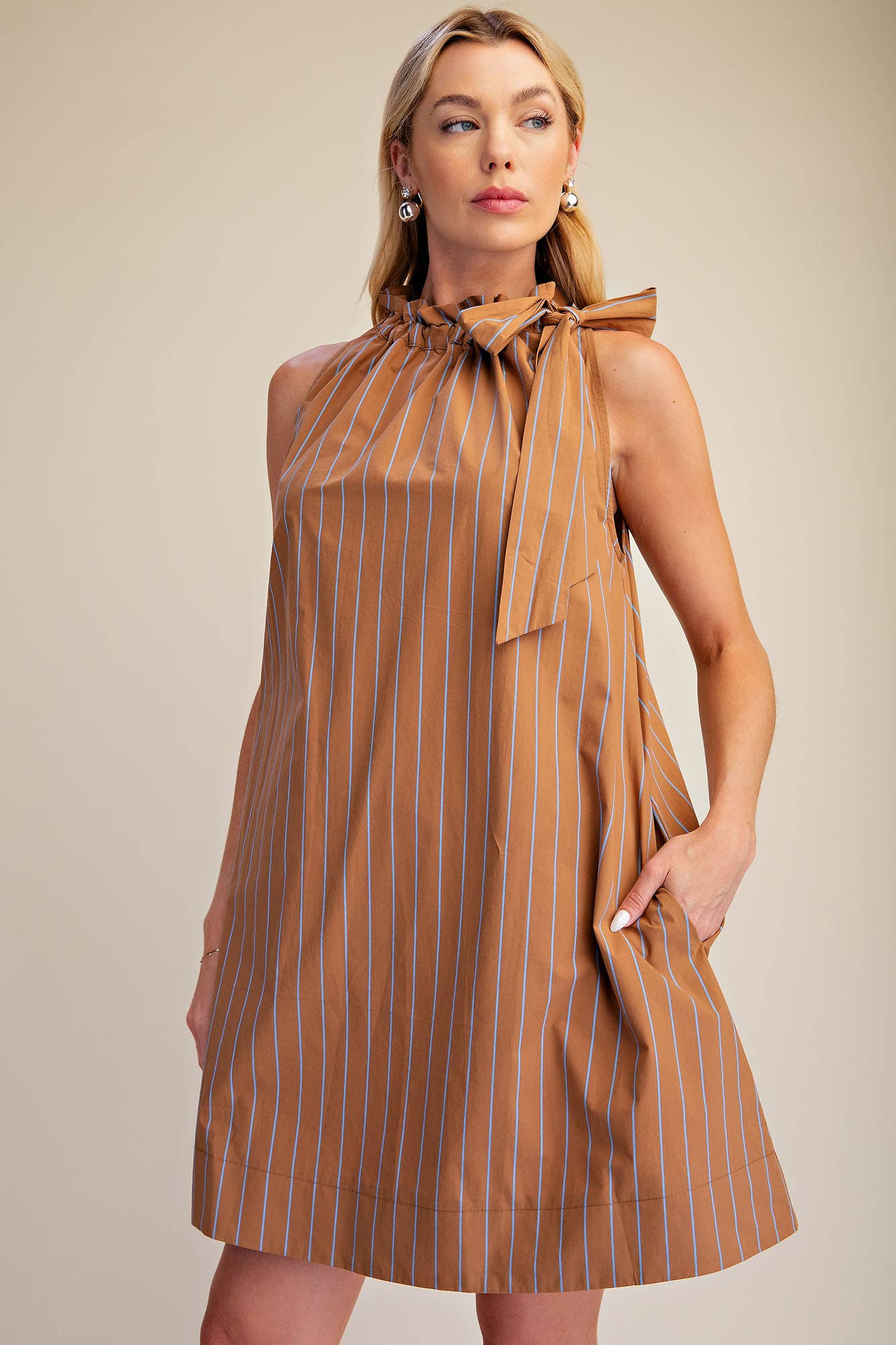 Stripe Mini Dress Ruffle Neck Adjustable Tie Sleeveless