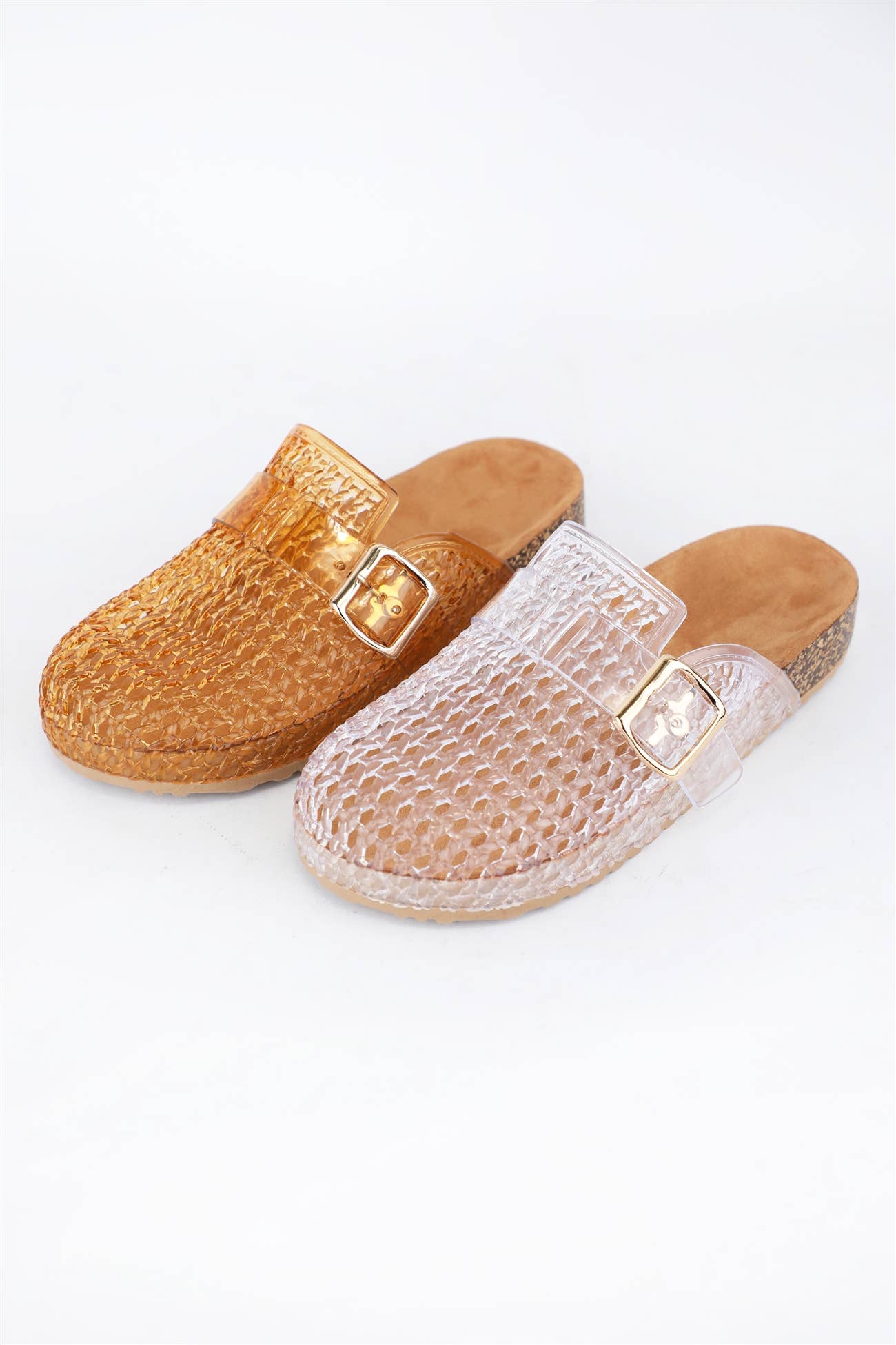 BETWEEN-5 JELLY WEAVE BUCKLE MULES