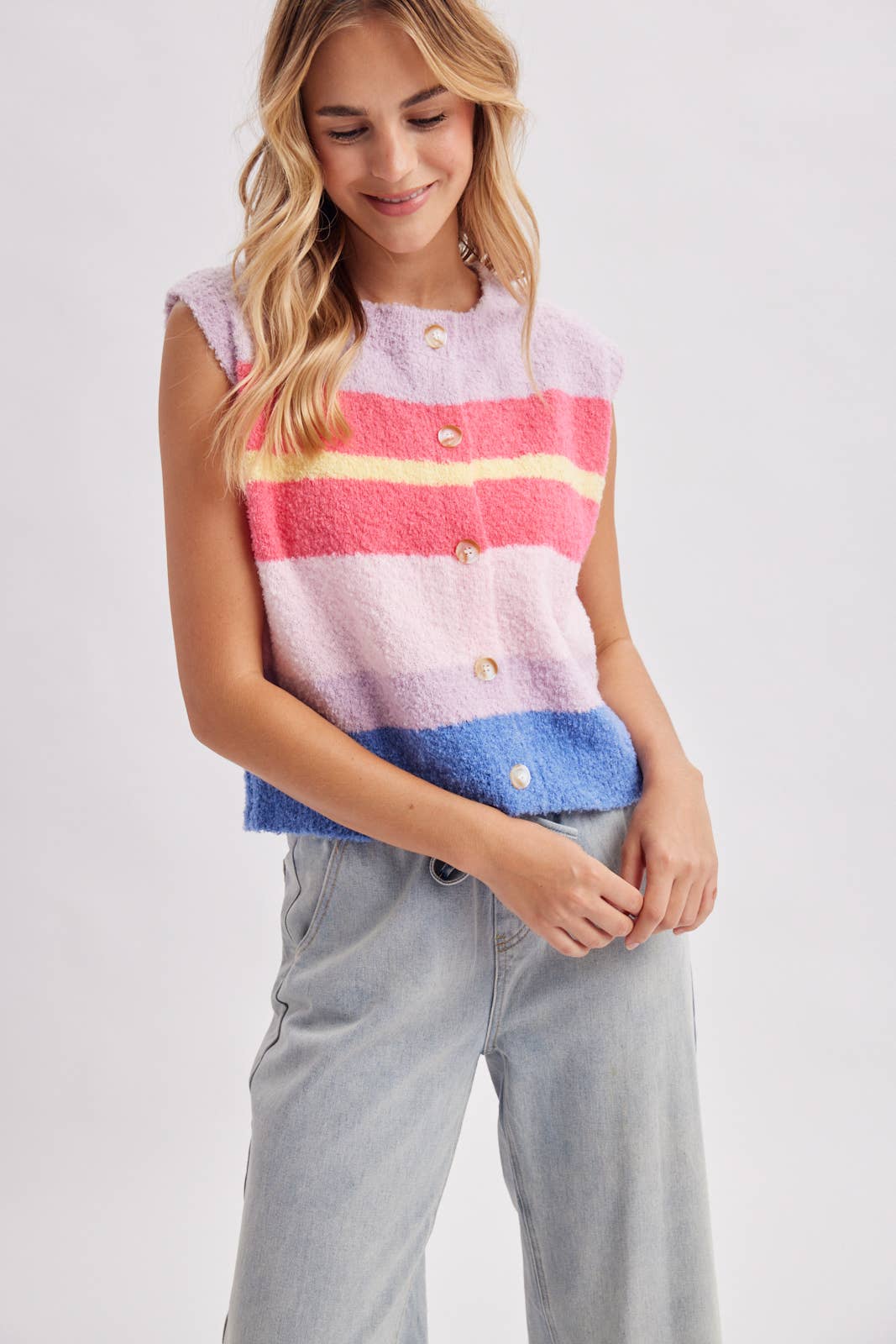 STRIPED MULTI COLOR FUZZY SWEATER VEST / WL26-13898