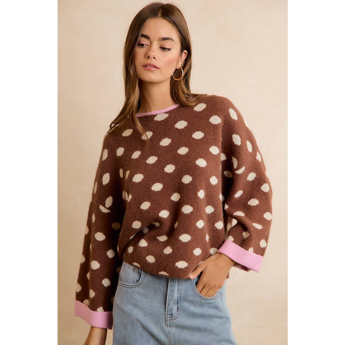 CONTRAST NECK AND ROLL UP DETAIL POLKA DOT SWEATER