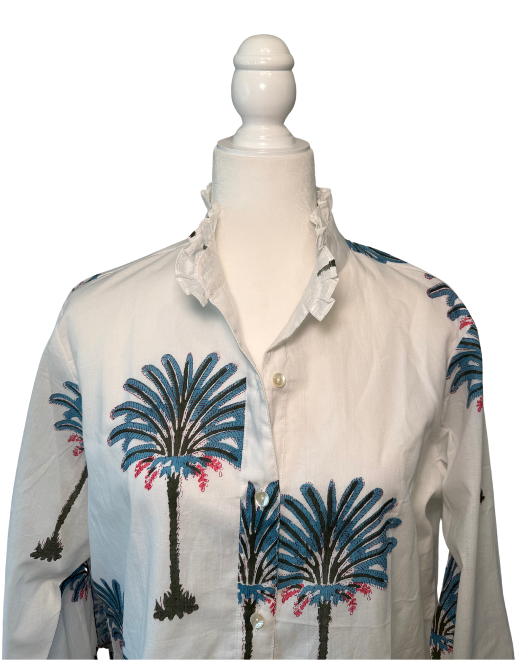 Women's Palm Tree Print Ruffled Collared Blouse