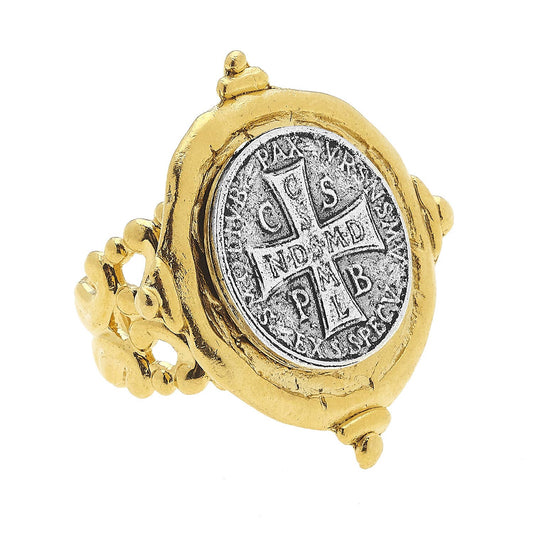 Handcast Gold and Silver St Benedict Cross Ring