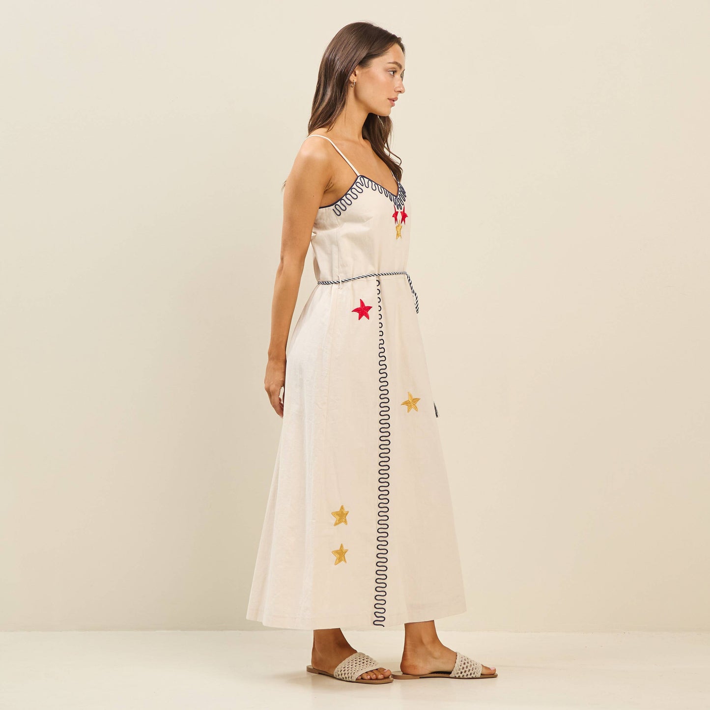 Embroidered tie waist dress