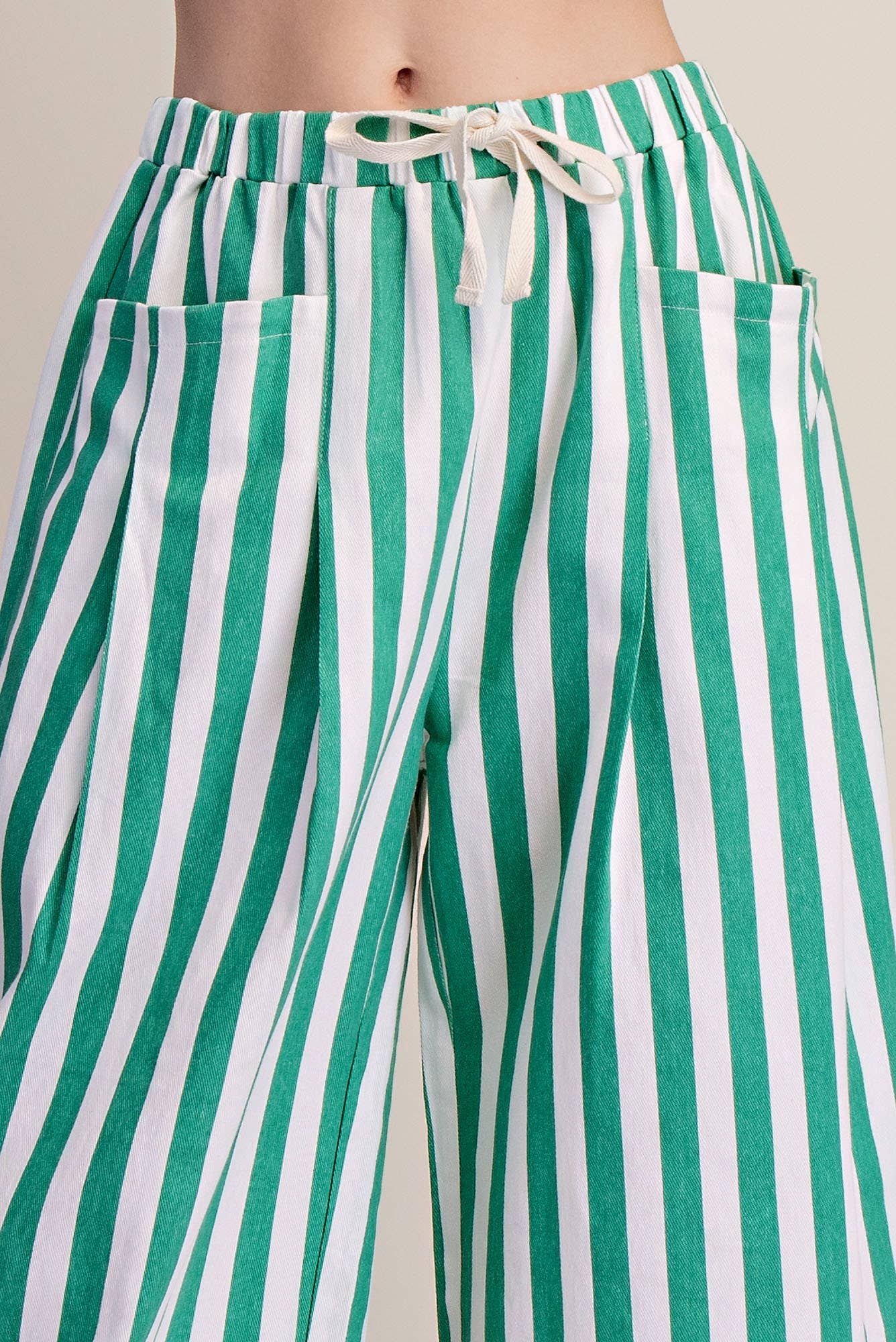 Stripe Wide Pants With Elastic Band Drawstring and Pockets