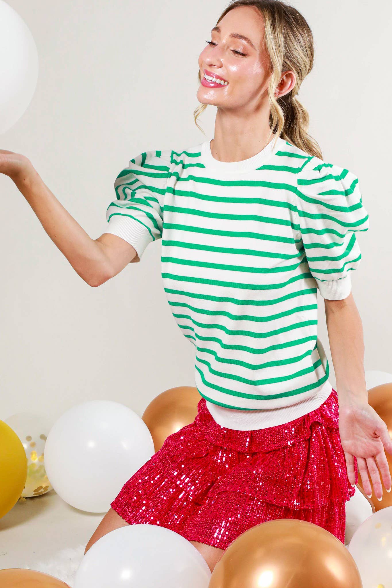 Striped Crew Neck Puff Sleeve Knitted Sweater VT81344A