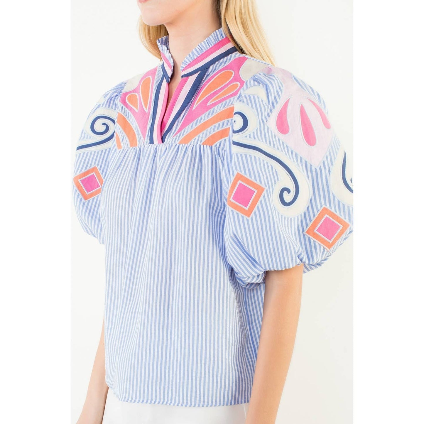 Puff Sleeve Embroidery Detail Textured Top