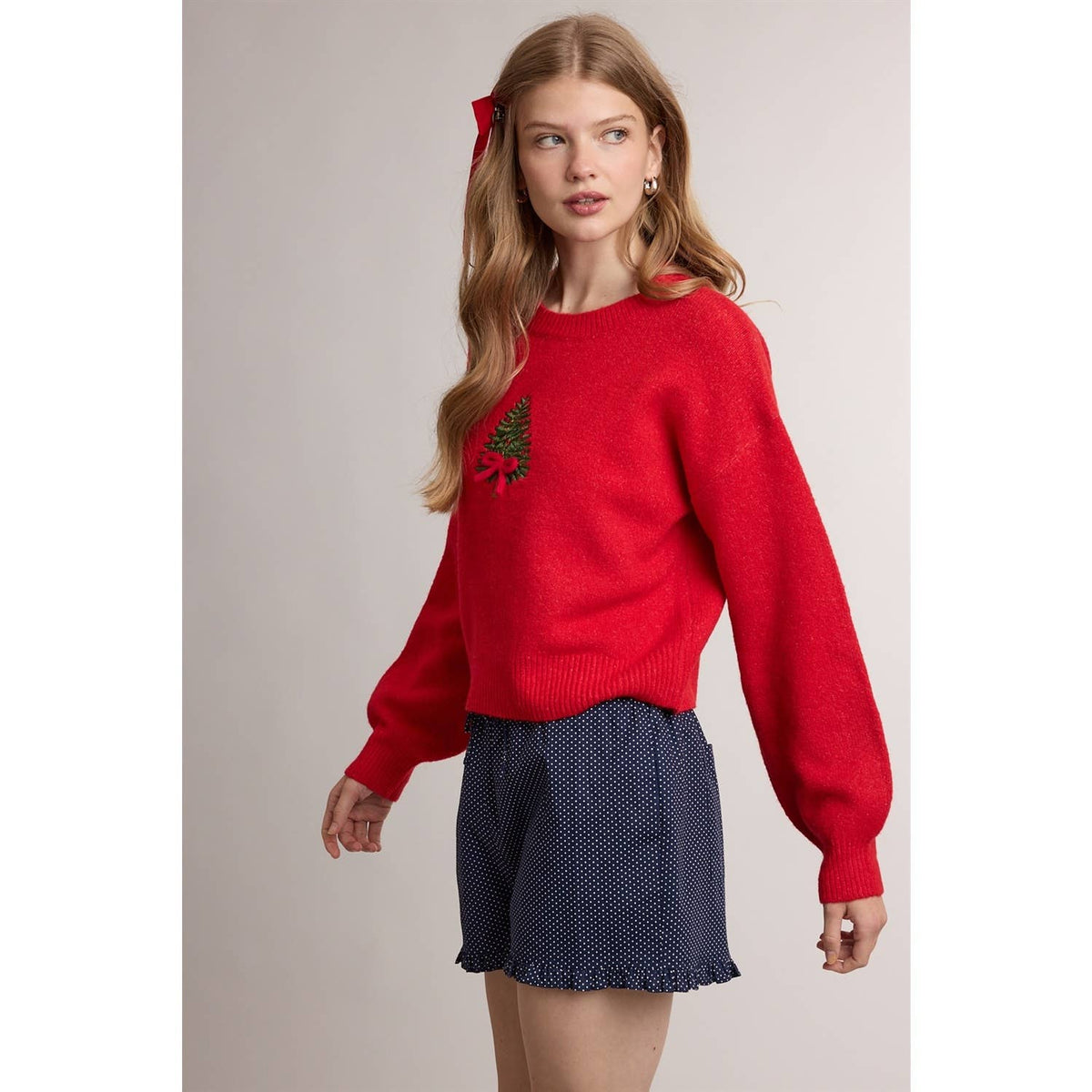 BOW CHRISTMAS TREE EMBROIDERED GRAPHIC SWEATER / WL26-13377