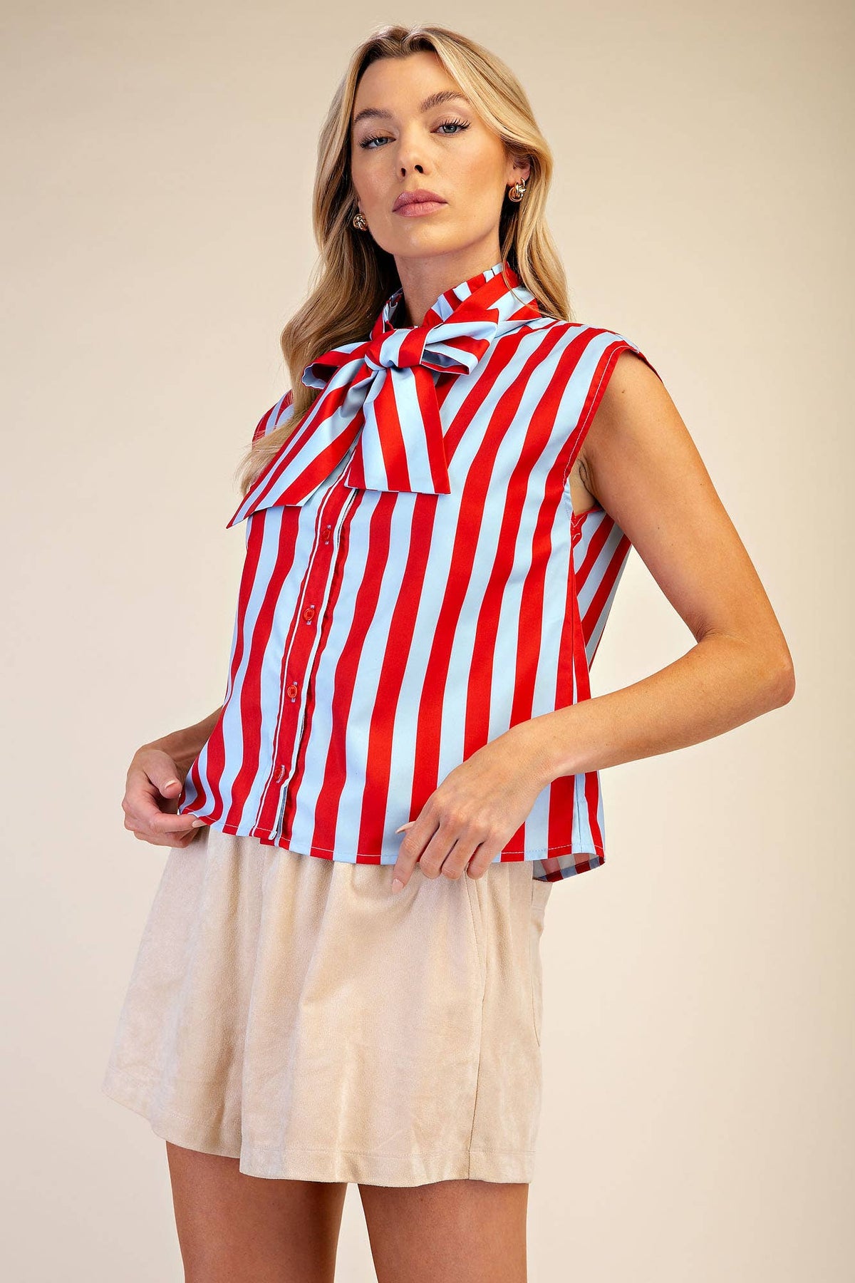 Bow Neck Sleeveless Stripe Shirt