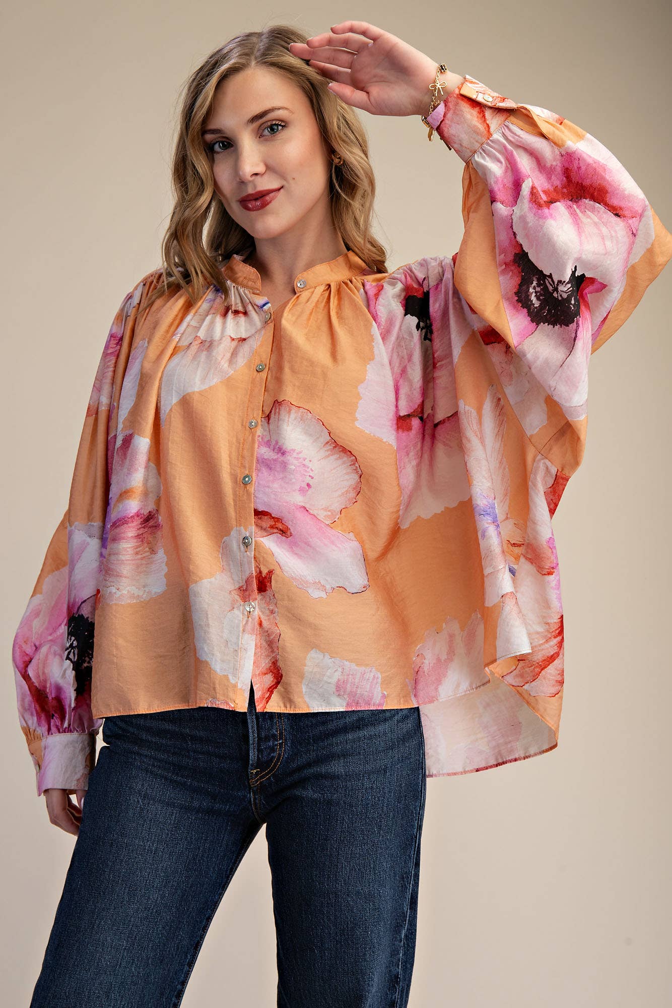 Neck Band Long Sleeve Voluminous Blouse